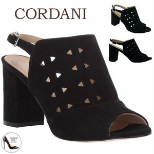 Cordani Neve Black Leather Suede Buckle Strap Block Heel Sandals Slingback Pumps